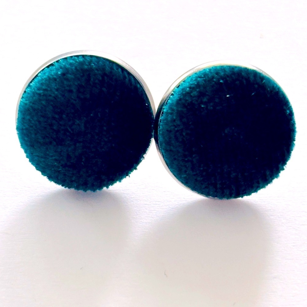 Dark Green Velvet Fabric Button Stainless Steel Earrings, NWT, Handmade, Unworn